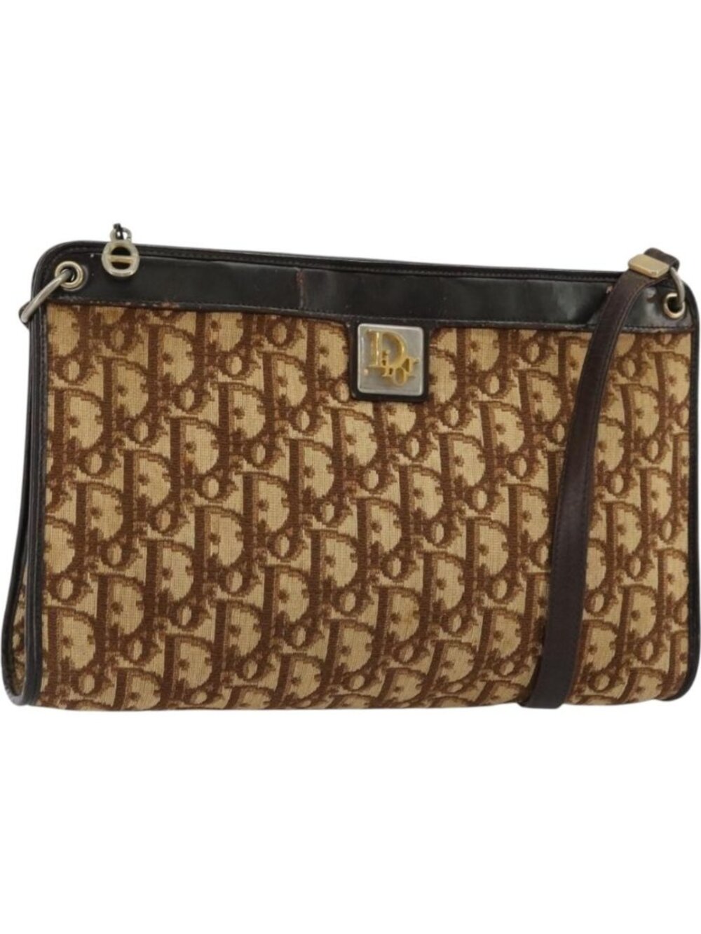 Christian Dior Trotter Canvas Shoulder Bag Beige Gold